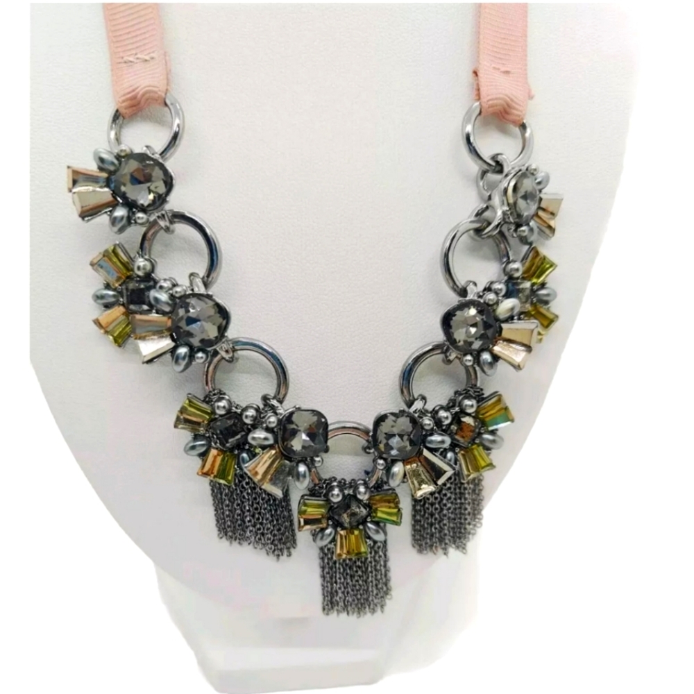 Vera Wang Necklace Dust Pink Ribbon Statement Rhinestones Fringe